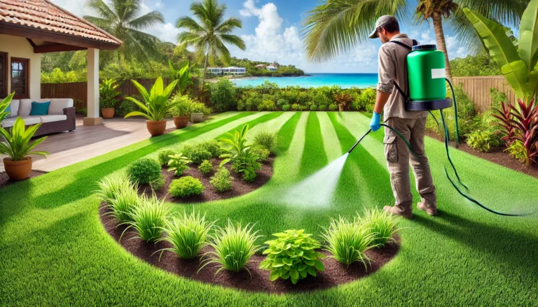 DALL·E+2025-02-08+07.47.47+-+A+lush,+well-maintained+Caribbean+lawn+with+vibrant+green+grass,+showcasing+effective+weed+control.+The+image+features+a+gardener+applying+post-emerge